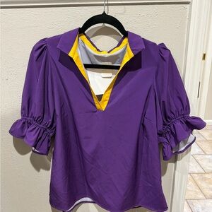 Vibrant Purple Blouse with Yellow Trim